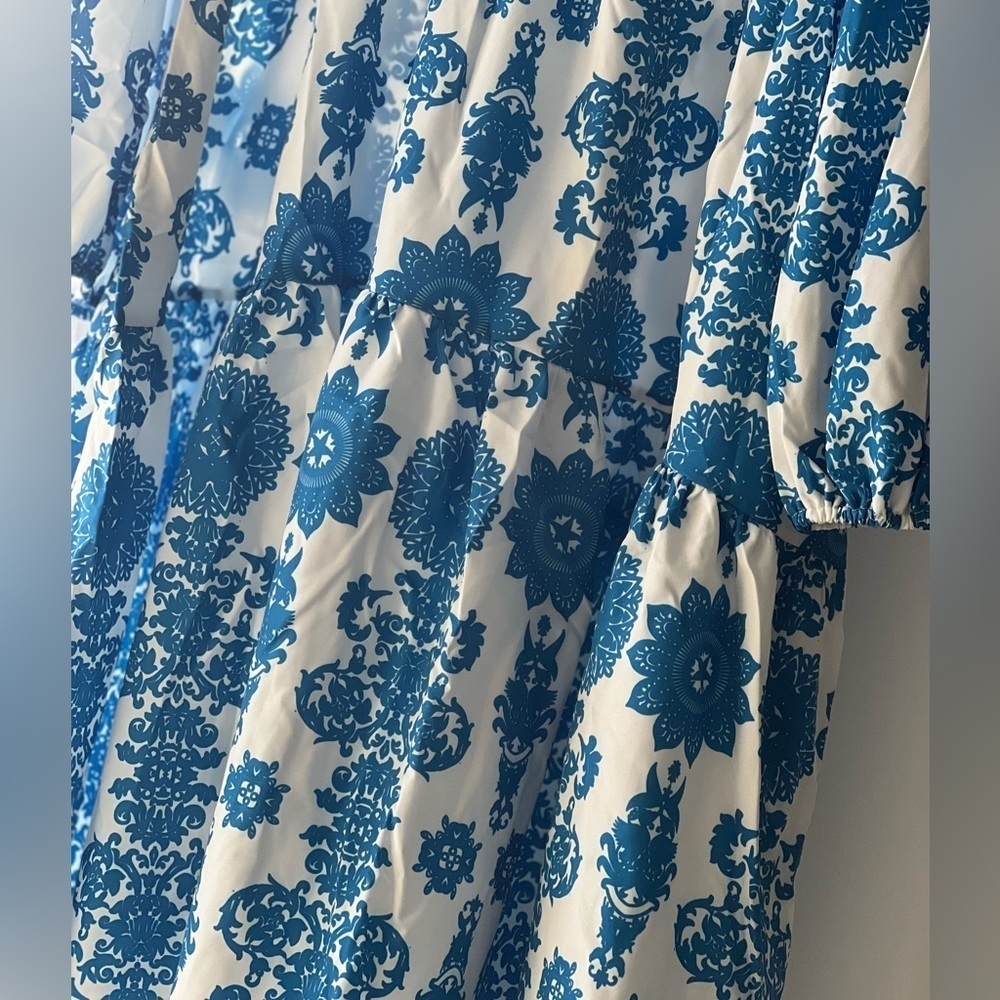 NWT Women Floral print Lantern sleeve Ruffle Hem Dress, Blue,White,Flowy - Picture 10 of 16